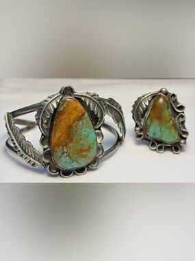 Navajo Old Pawn Turquoise Cuff Bracelet Matching Ring 40 grams